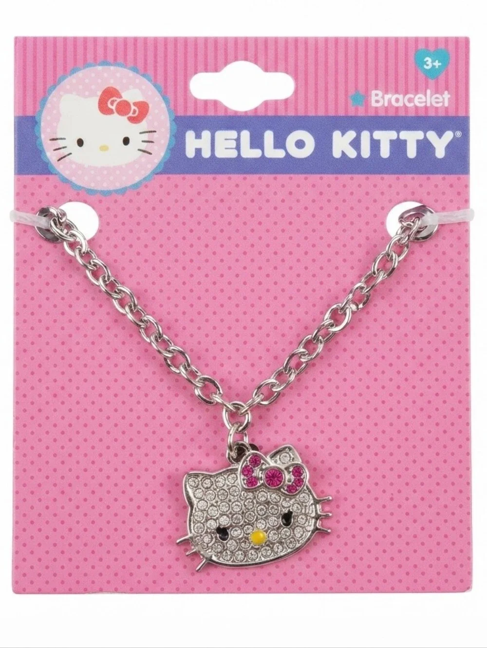 🍎NWT Hello Kitty Sanrio Rhinestone Charm Bracelet Silver-Tone Pink Bow Licensed